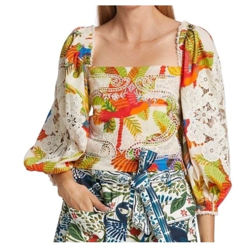 Farm Rio Top Womens Medium Cropped Bird Tropical Embroidered Floral - Picture 1 of 15